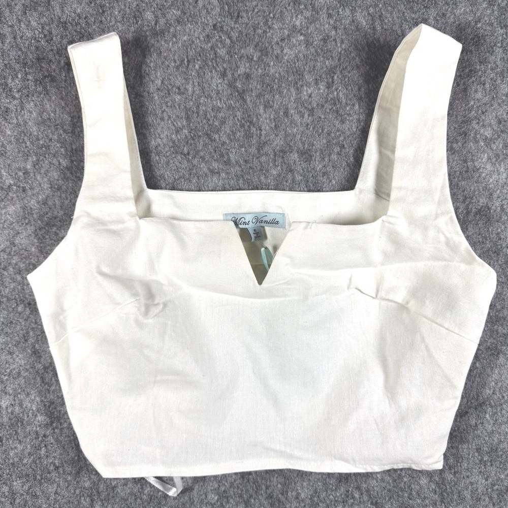 Linen/Cotton Cream Square-Neck Crop Top Side Zipper